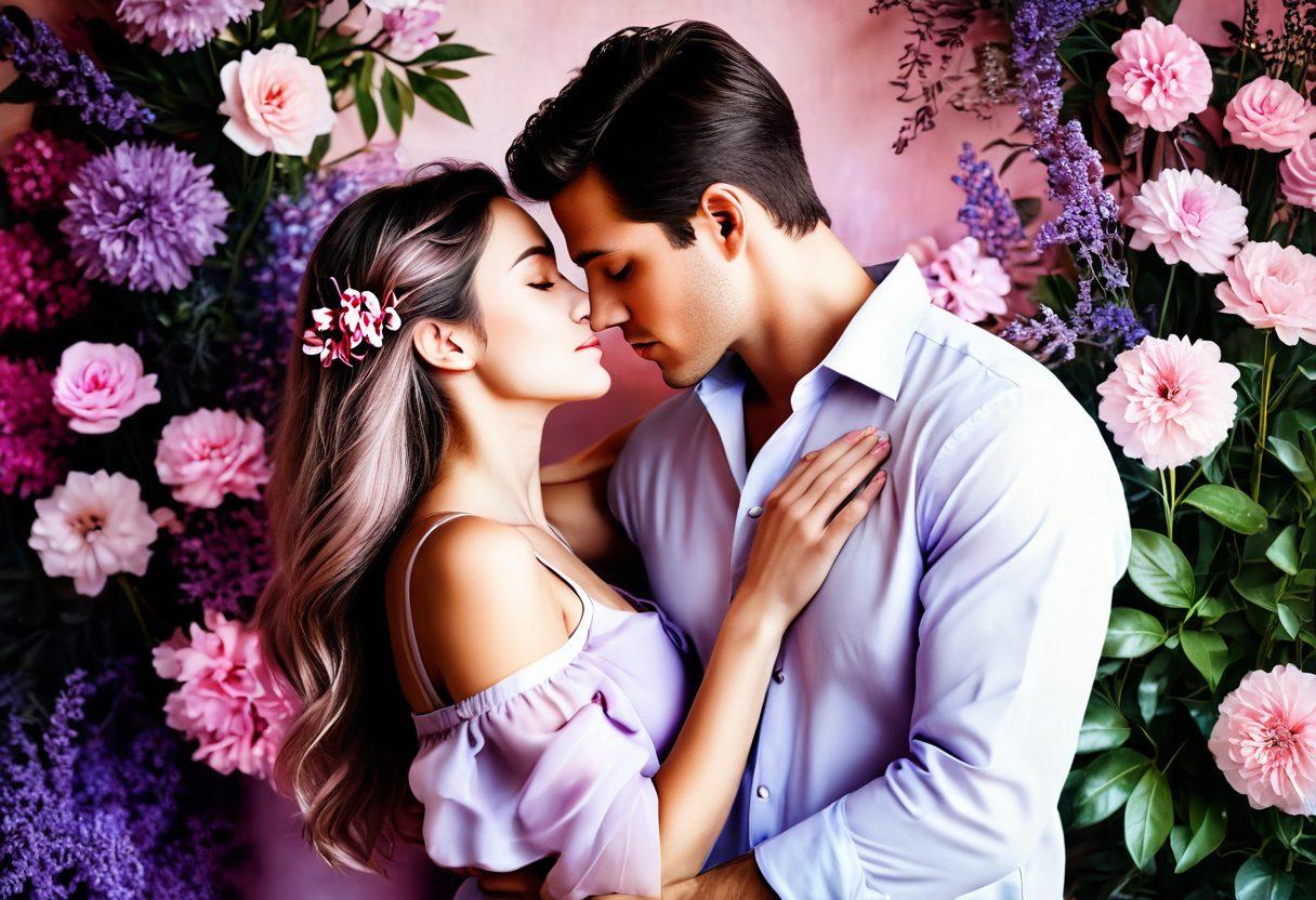 A serene and modern couple engaging in an intimate moment, surrounded by soft, warm lighting that creates a cozy atmosphere. Incorporate elements of nature, like lush greenery and delicate flowers, emphasizing growth and connection. Include soft textures in their clothing and surroundings, symbolizing comfort and closeness. A dreamy, ethereal background blending shades of pink and lavender to evoke romance. super-realistic. vibrant colors.