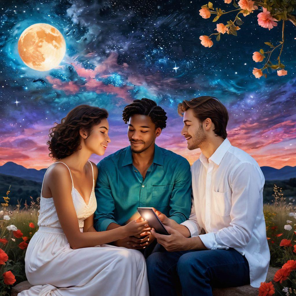 A romantic scene featuring two diverse couples in intimate conversation, surrounded by a dreamy, starry night sky that symbolizes connection and passion. Incorporate elements of modern technology, such as glowing devices to signify digital romance, with soft, warm light illuminating their faces. Add floral accents to evoke tenderness and warmth. surrealistic. vibrant colors. ethereal background.