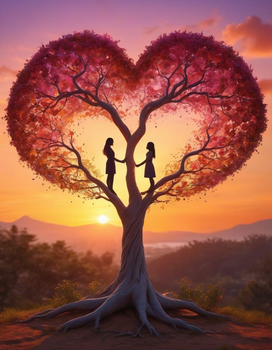 A heart-shaped tree with intertwining branches representing different forms of affection, surrounded by diverse couples engaging in unique relationships, each showcasing their love in innovative ways. The background features a vibrant sunset symbolizing hope and new beginnings. super-realistic. vibrant colors. soft focus.